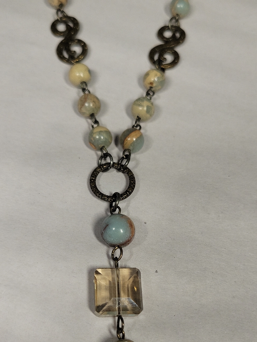 Carol Su Boho Blue Cream and Brown Oval Stone Tassel Necklace - Picture 5 of 15
